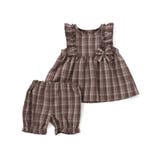 ブラウン系 | 肩フリルリボンチェックワンピース+ブルマセットアップベビー | SLAP SLIP