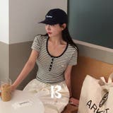 NAVY | ワウ、ストライプUネック半袖Tシャツ ts1423 | BEIDELLI