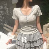 GRAY | ワウ、ストライプUネック半袖Tシャツ ts1423 | BEIDELLI