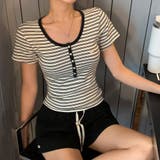 BLACK | ワウ、ストライプUネック半袖Tシャツ ts1423 | BEIDELLI