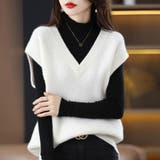 ホワイト | ニットベスト秋冬 Vネックニットベストカーディガントップス レイヤード風 | Beststore