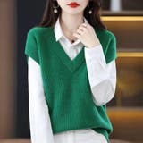 グリーン | ニットベスト秋冬 Vネックニットベストカーディガントップス レイヤード風 | Beststore