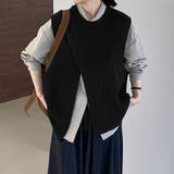 ブラック | ニットベストトップス レイヤード風 韓国ファッション | Beststore