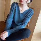 ブルー | レディースファッション通販 リブニットトップス シンプルニット | Beststore