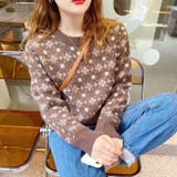 ブラウン柄 | ニット編み トップス セーターフラワー柄 | Beststore