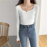 ホワイト | Uネック リブニットトップス レディース | Beststore