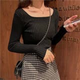 ブラック | Uネック リブニットトップス レディース | Beststore