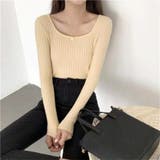 ベージュ | Uネック リブニットトップス レディース | Beststore