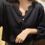 ブラック | Vネックシフォンブラウス パフ袖 トップス | Beststore