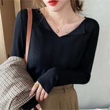 ブラック | フロント開き Vネック ニットトップス | Beststore