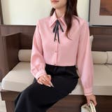ピンク | リボン 付き ボウタイ シャツ ブラウス 長袖 ステッチ デザイン | Beststore