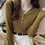 カーキ | Vネックリブニットセーター 長袖スリム | Beststore