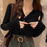 ブラック | Vネックリブニットセーター 長袖スリム | Beststore