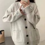 ベージュ | 厚手ニットカーディガン ワッペン付き ゆったり レディース | Beststore