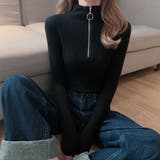 ブラック | リブタイトニット モックネックリングハーフジップ付き ジャストサイズ | Beststore