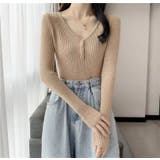 モカベージュ | ボタン付 長袖リブニットトップス レディース | Beststore