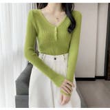 グリーン | ボタン付 長袖リブニットトップス レディース | Beststore