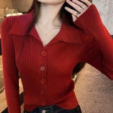 レッド | ポロ襟付き リブニットカーディガン | Beststore