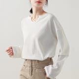 ホワイト | 【シンプルでこなれ感】ワッフル素材 キーネック長袖プルオーバー ゆったりシルエッ… | Beststore