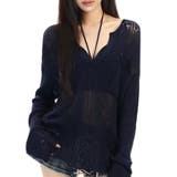 ネイビー | シースルー ゆるダボ ニット トップス サマーニット クラッシュ加工 長袖 | Beststore