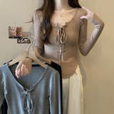 胸元レースアップ 長袖リブカットソー タイトトップス | Beststore | 詳細画像1 