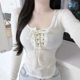 胸元レースアップ 長袖リブカットソー タイトトップス | Beststore | 詳細画像11 