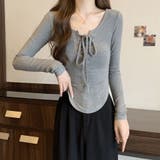 グレー | 胸元レースアップ 長袖リブカットソー タイトトップス | Beststore