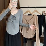 胸元レースアップ 長袖リブカットソー タイトトップス | Beststore | 詳細画像26 