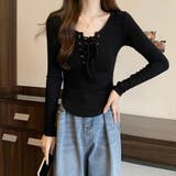 ブラック | 胸元レースアップ 長袖リブカットソー タイトトップス | Beststore