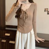 ベージュ | 胸元レースアップ 長袖リブカットソー タイトトップス | Beststore