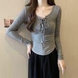胸元レースアップ 長袖リブカットソー タイトトップス | Beststore | 詳細画像2 