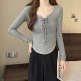 胸元レースアップ 長袖リブカットソー タイトトップス | Beststore | 詳細画像3 