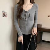 胸元レースアップ 長袖リブカットソー タイトトップス | Beststore | 詳細画像4 