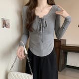 胸元レースアップ 長袖リブカットソー タイトトップス | Beststore | 詳細画像5 