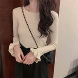 ホワイト | メローフリル リブニット長袖トップス | Beststore