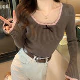 フリル タイトリブニット 長袖 胸元リボン付き レトロ ガーリー | Beststore | 詳細画像9