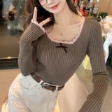 フリル タイトリブニット 長袖 胸元リボン付き レトロ ガーリー | Beststore | 詳細画像11