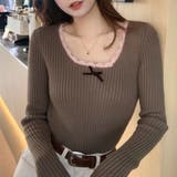 フリル タイトリブニット 長袖 胸元リボン付き レトロ ガーリー | Beststore | 詳細画像12