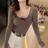 ブラウン | フリル タイトリブニット 長袖 胸元リボン付き レトロ ガーリー | Beststore
