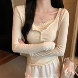 レースフリル＆小花柄 レイヤード風リブカットソー ヘンリーネック | Beststore | 詳細画像6 