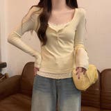 レースフリル＆小花柄 レイヤード風リブカットソー ヘンリーネック | Beststore | 詳細画像12 