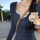 ネイビー | レースフリル＆小花柄 レイヤード風リブカットソー ヘンリーネック | Beststore