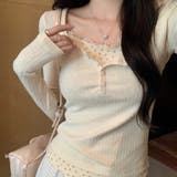 レースフリル＆小花柄 レイヤード風リブカットソー ヘンリーネック | Beststore | 詳細画像5 