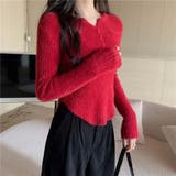 レッド | シャギーニット ヘンリーネック トップス ふわふわ ショート丈 秋冬 | Beststore