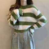 グリーン | ボーダー柄 シャギーニット トップス 短丈 ゆったり ふんわり | Beststore