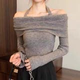 グレー | オフショルダー & ホルターネック クロスリブニット トップス | Beststore