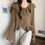 ライトブラウン | くしゅくしゅエンボス生地と大ぶりフリルが大人可愛い♡ 前リボンブラウス カーディ… | Beststore