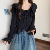 ブラック | くしゅくしゅエンボス生地と大ぶりフリルが大人可愛い♡ 前リボンブラウス カーディ… | Beststore