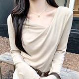 ライトベージュ | ドレープネック デコルテ見せ 長袖トップス Tシャツ カットソー | Beststore