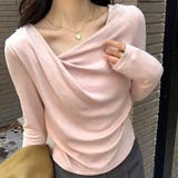 ピンク | ドレープネック デコルテ見せ 長袖トップス Tシャツ カットソー | Beststore
